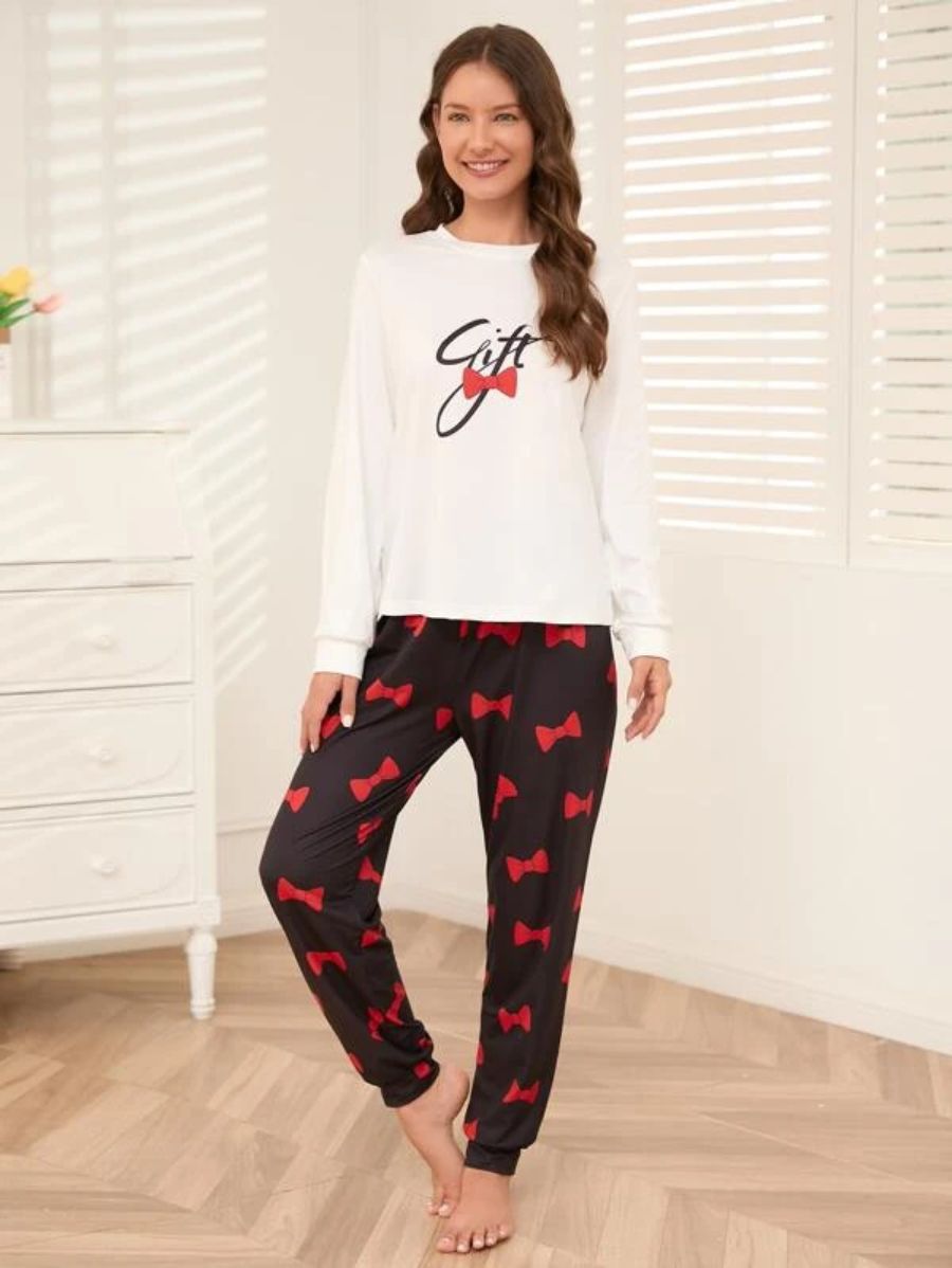 Slogan Graphic Top And Plaid Pants PJ Set-Soco Hoodie