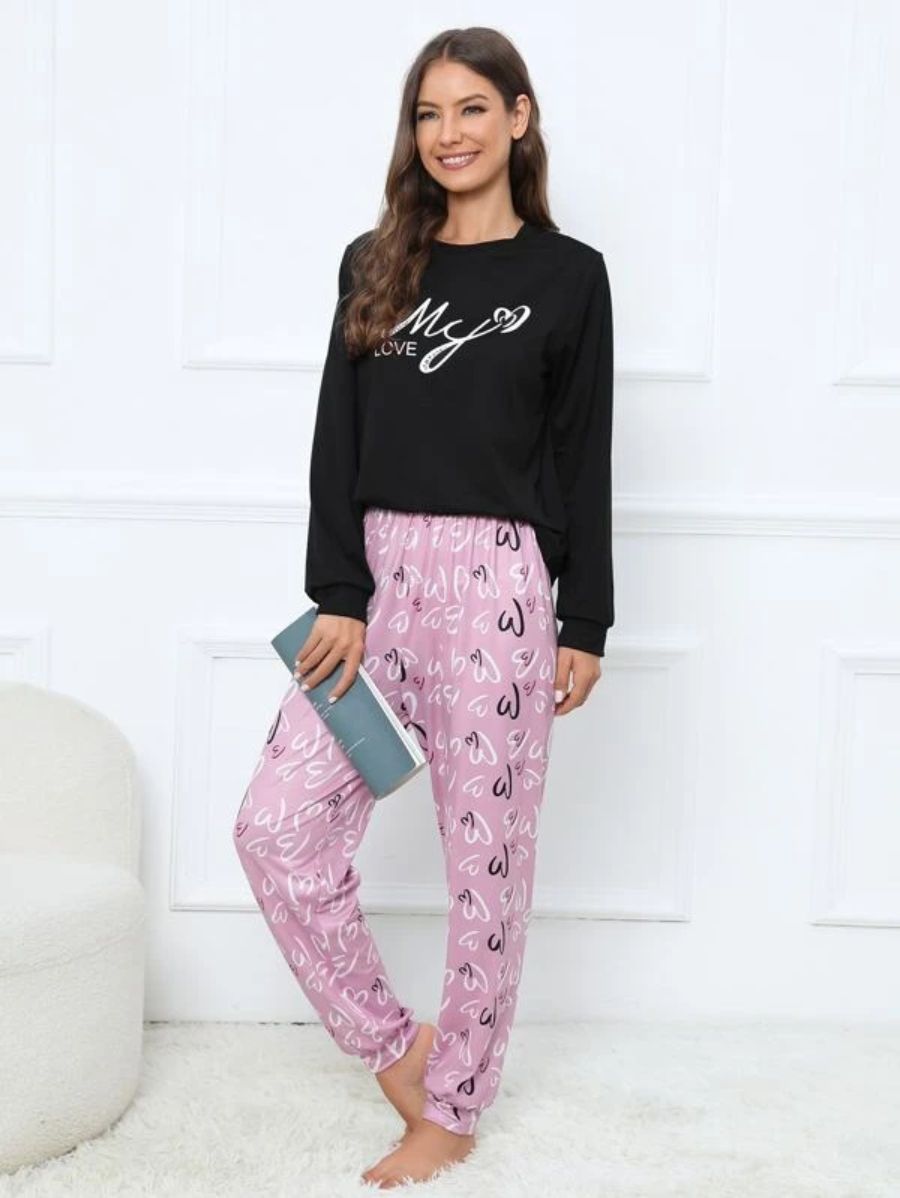 Slogan Graphic Top And Plaid Pants PJ Set-Soco Hoodie