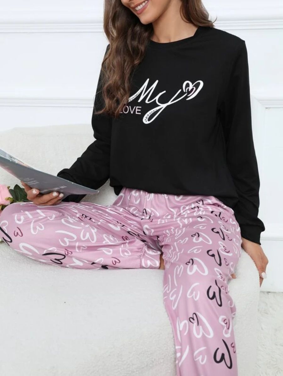 Slogan Graphic Top And Plaid Pants PJ Set-Soco Hoodie