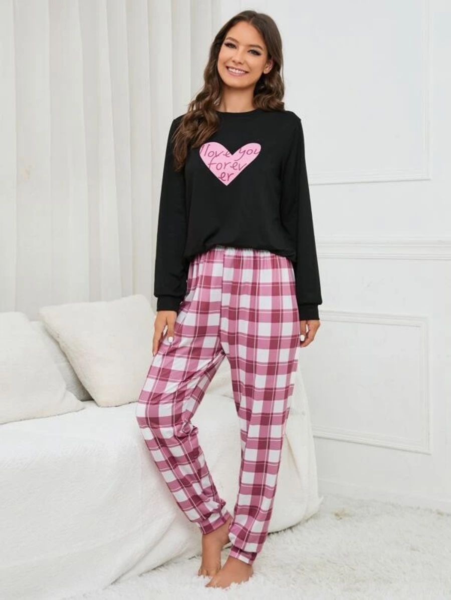 Slogan Graphic Top And Plaid Pants PJ Set-Soco Hoodie