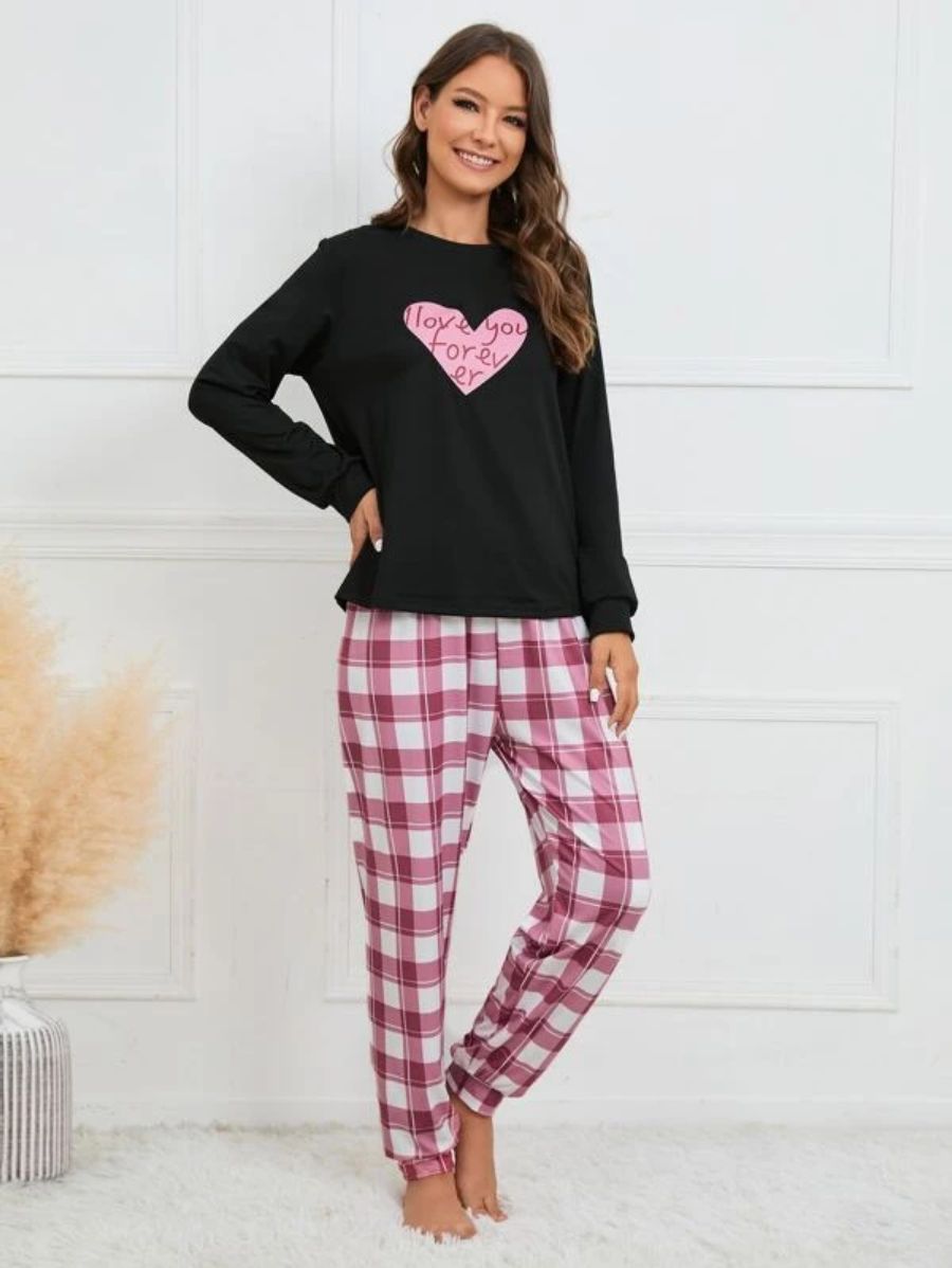 Slogan Graphic Top And Plaid Pants PJ Set-Soco Hoodie