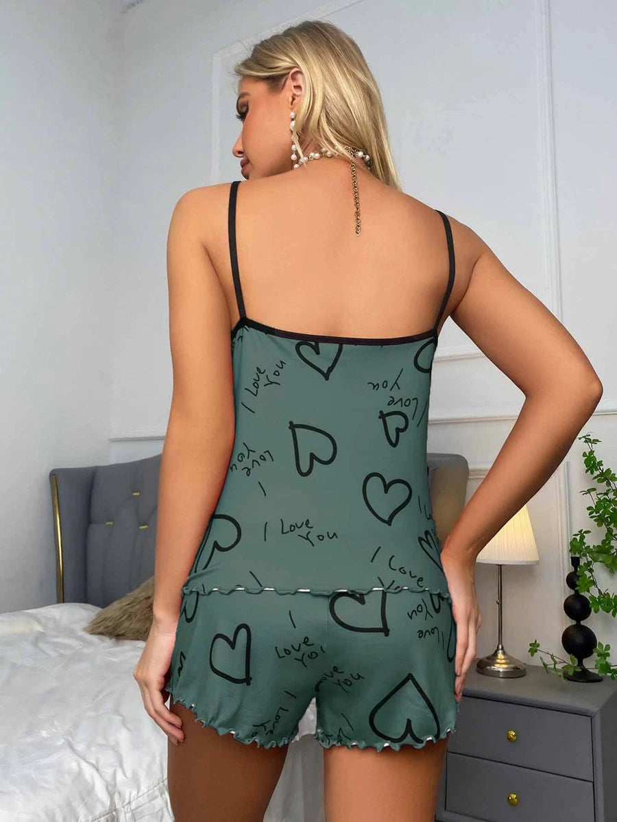 Slogan Print Contrast Binding Lettuce Trim Set-Soco Hoodie