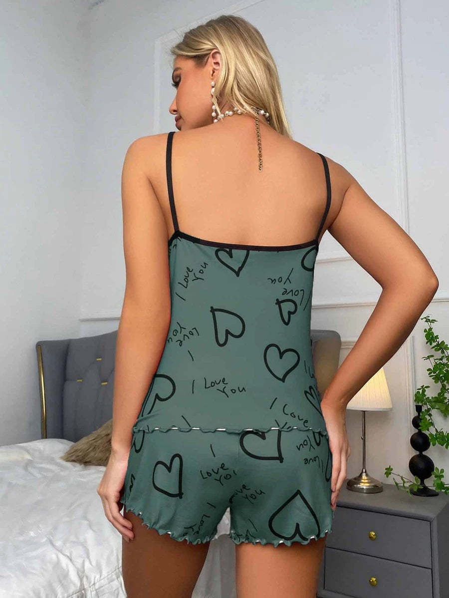 Slogan Print Contrast Binding Lettuce Trim Set-Soco Hoodie