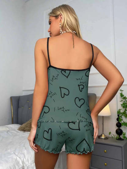 Slogan Print Contrast Binding Lettuce Trim Set-Soco Hoodie