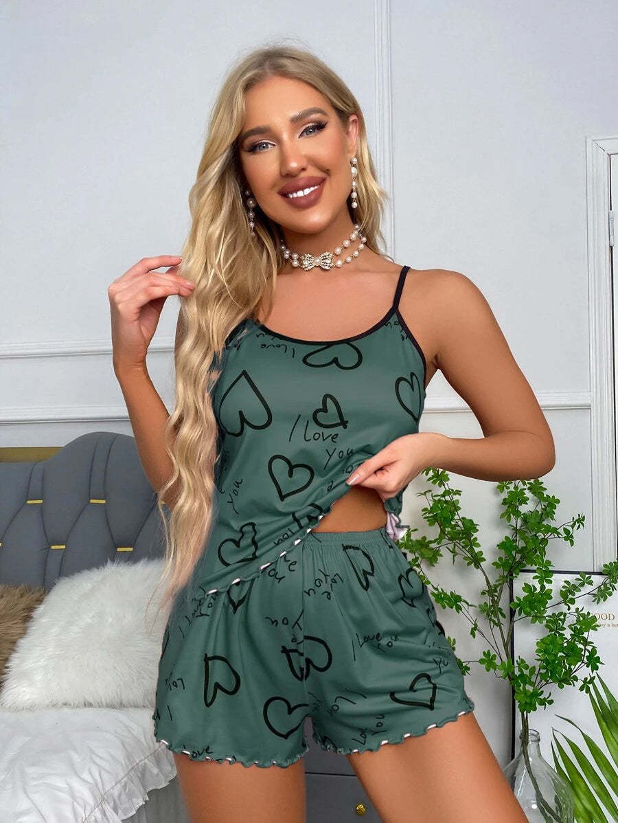 Slogan Print Contrast Binding Lettuce Trim Set-Soco Hoodie