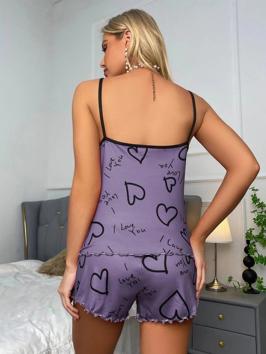 Slogan Print Contrast Binding Lettuce Trim Set-Soco Hoodie