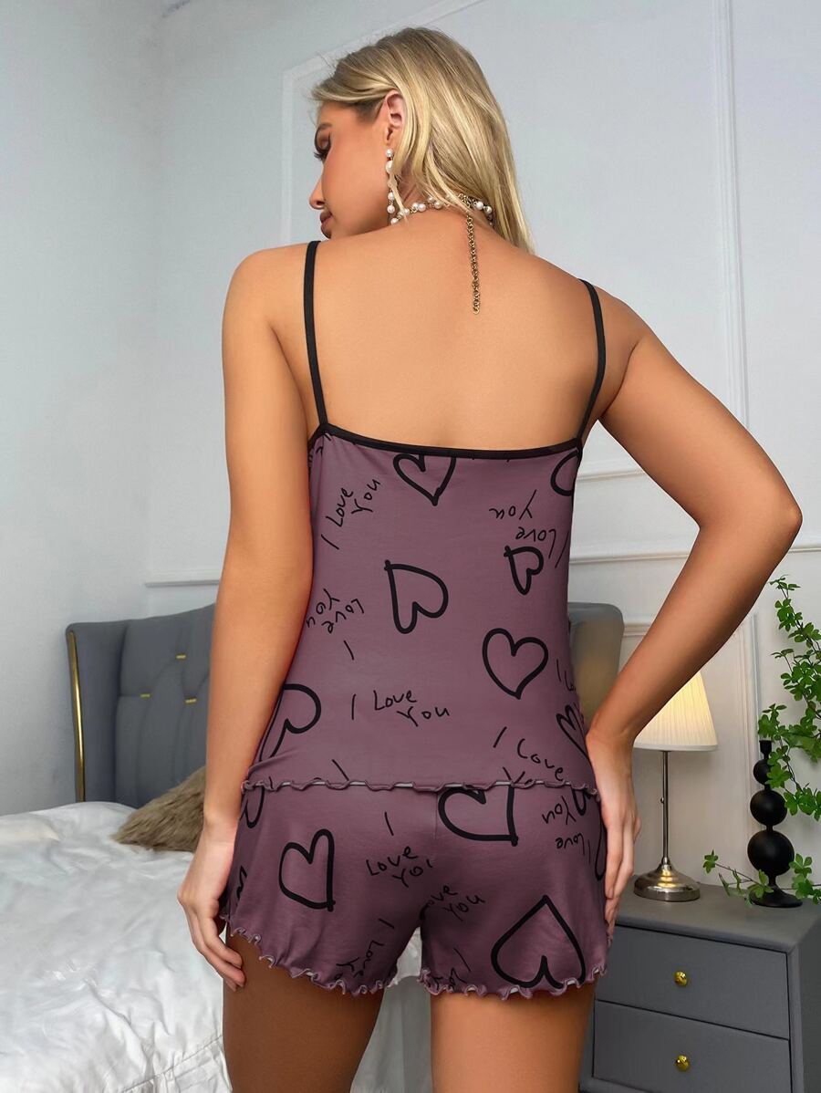 Slogan Print Contrast Binding Lettuce Trim Set-Soco Hoodie