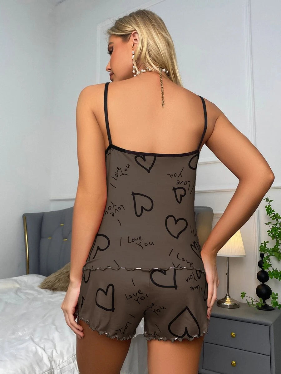 Slogan Print Contrast Binding Lettuce Trim Set-Soco Hoodie