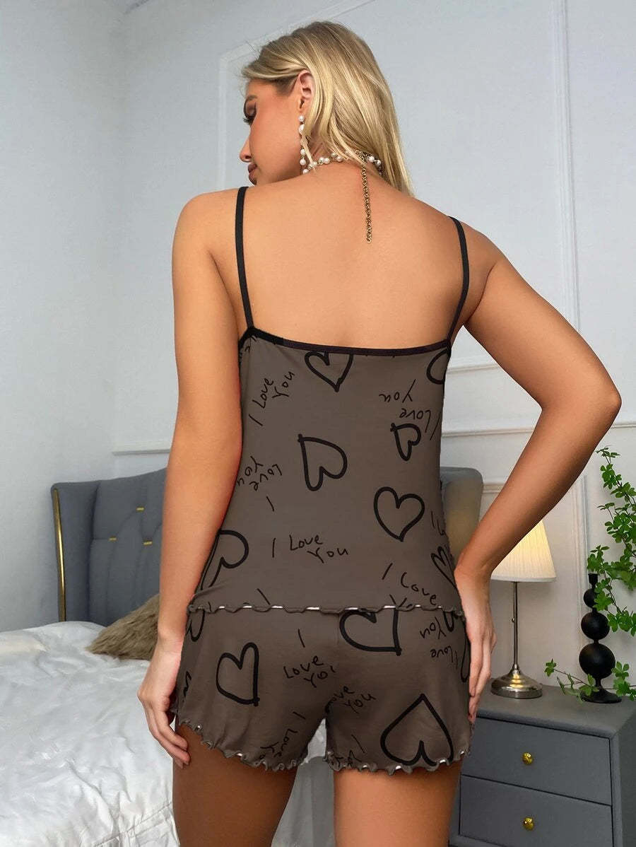 Slogan Print Contrast Binding Lettuce Trim Set-Soco Hoodie