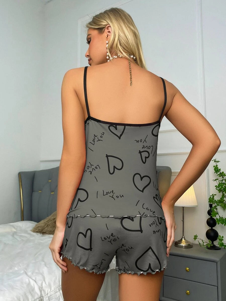 Slogan Print Contrast Binding Lettuce Trim Set-Soco Hoodie