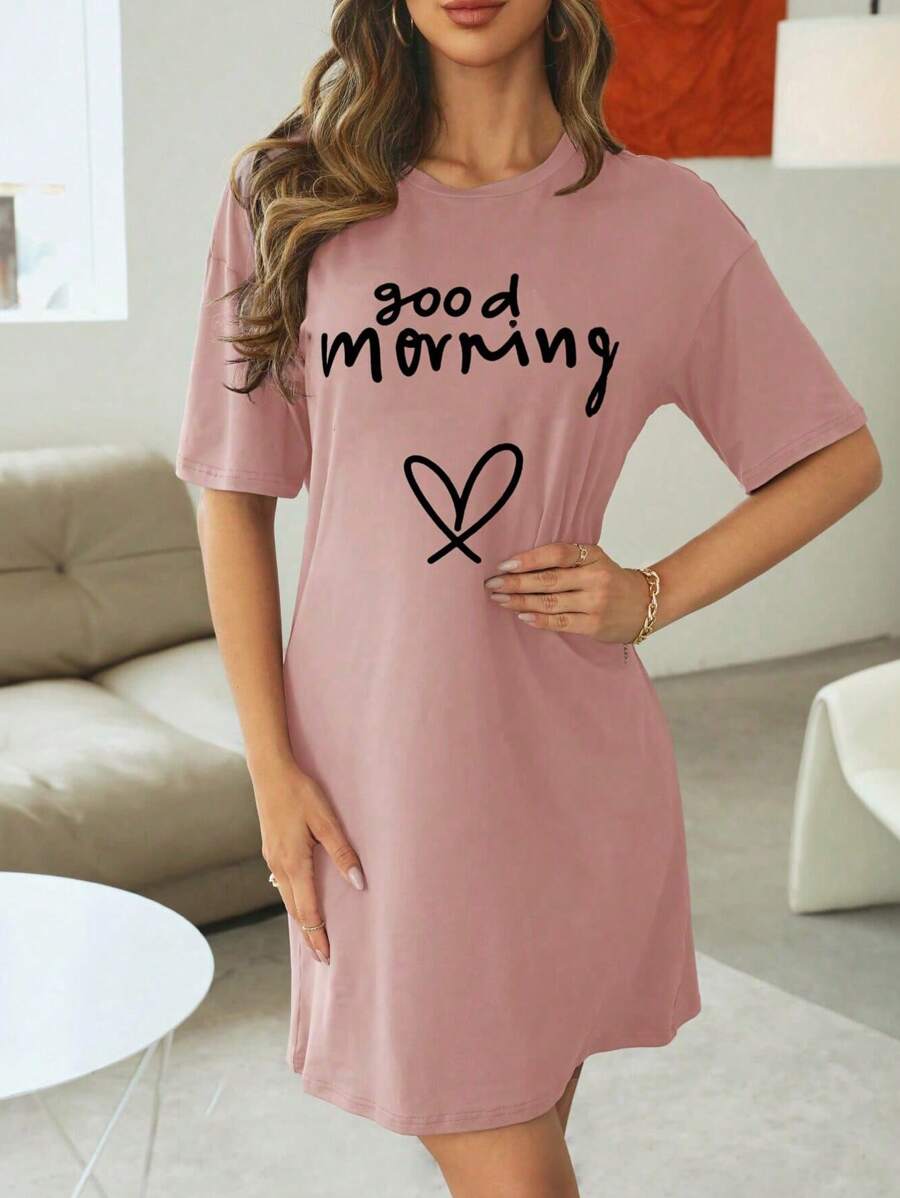 Slogan Print Stretch Sleep Shirts-Soco Hoodie