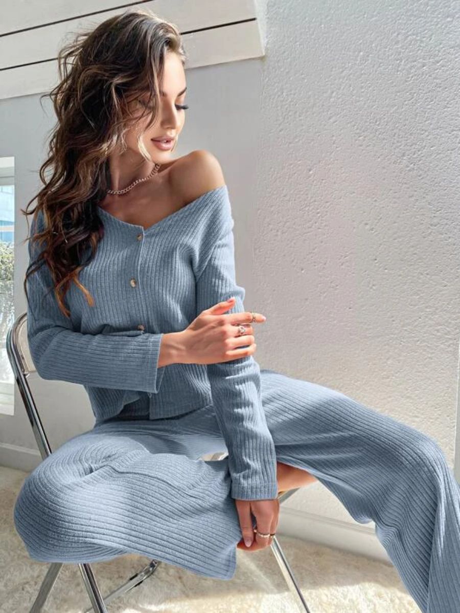 Buttoned Front Solid Color Lounge Set-Soco Hoodie