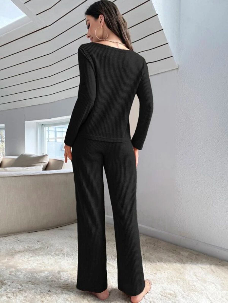 Buttoned Front Solid Color Lounge Set-Soco Hoodie