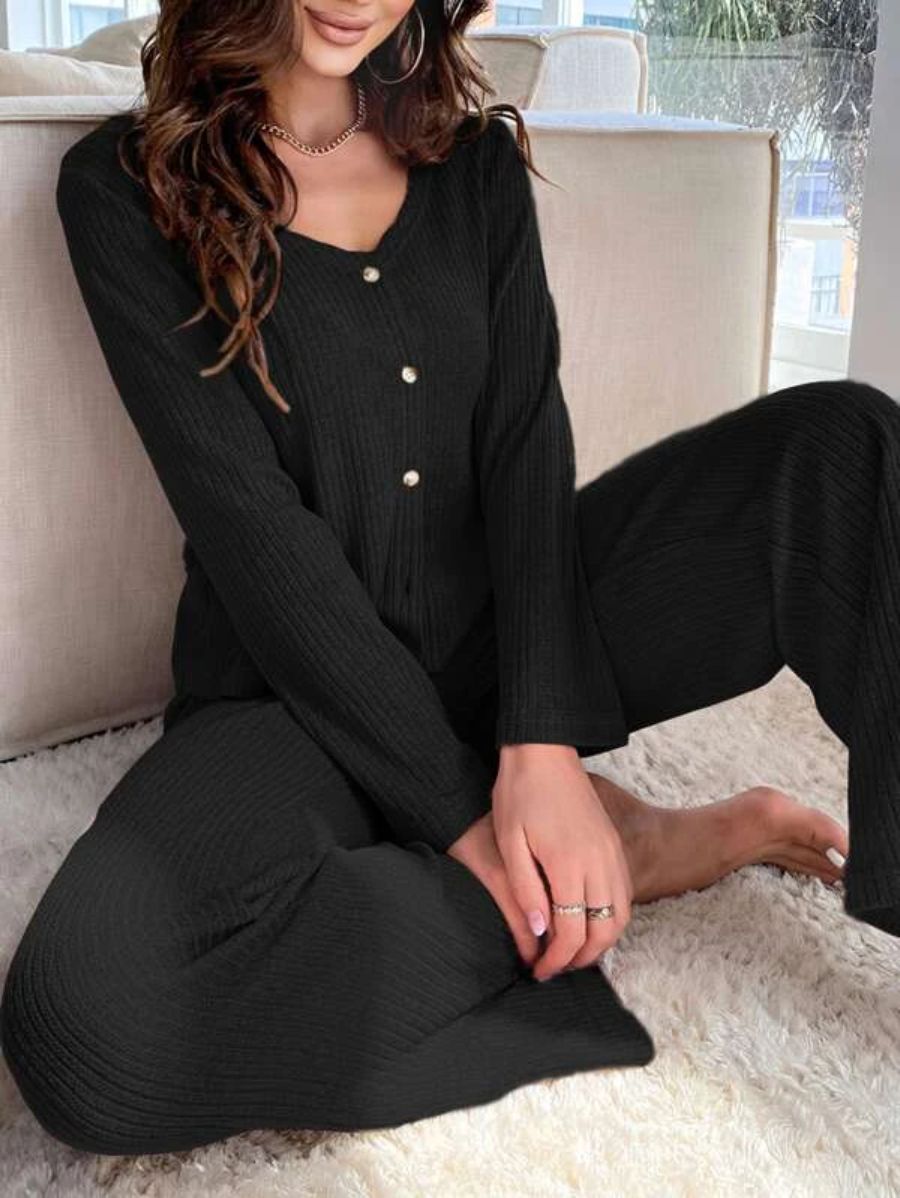 Buttoned Front Solid Color Lounge Set-Soco Hoodie