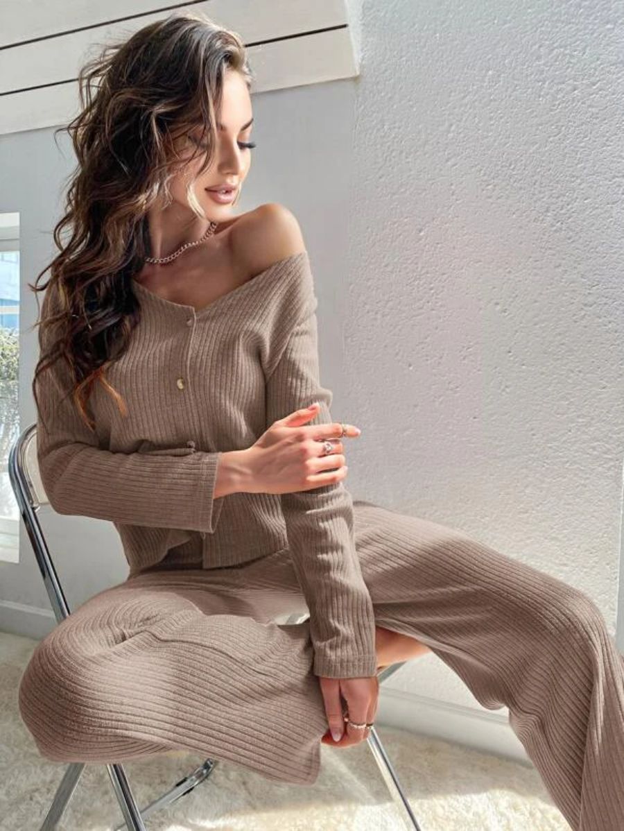 Buttoned Front Solid Color Lounge Set-Soco Hoodie