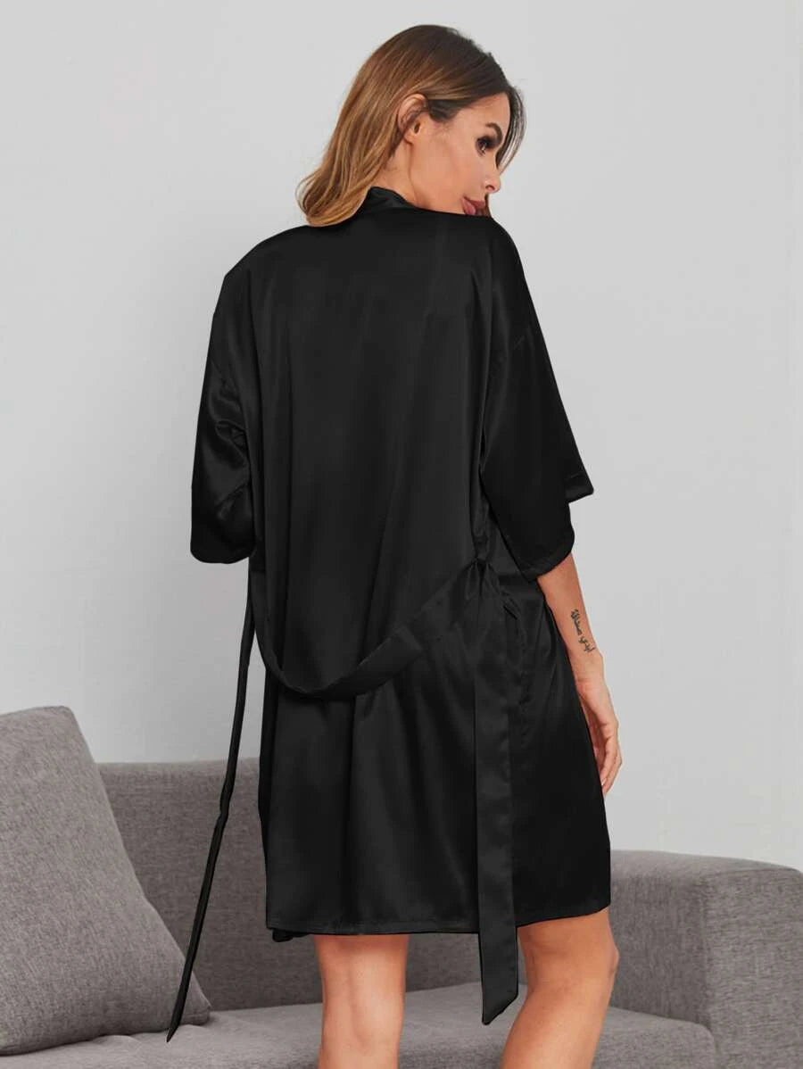 Solid Satin Belted Robe-Soco Hoodie