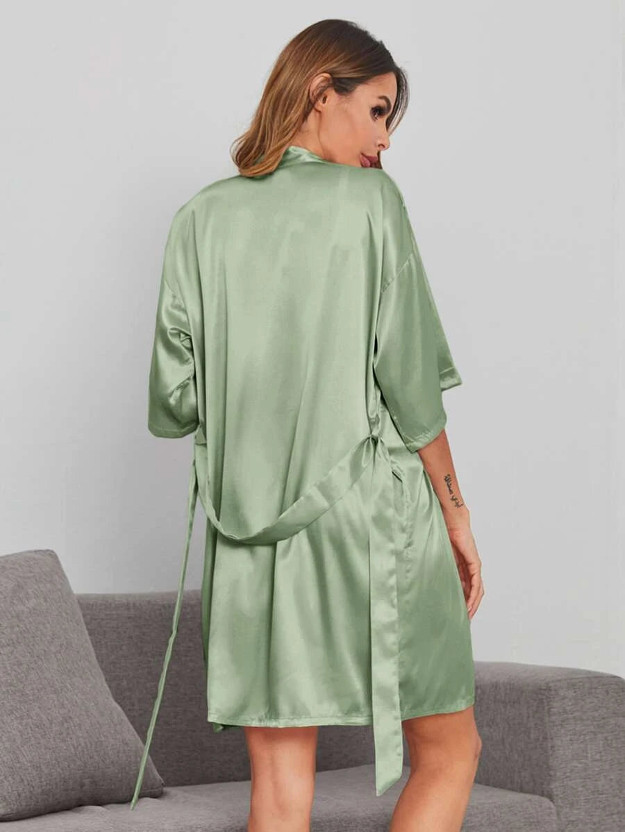 Solid Satin Belted Robe-Soco Hoodie