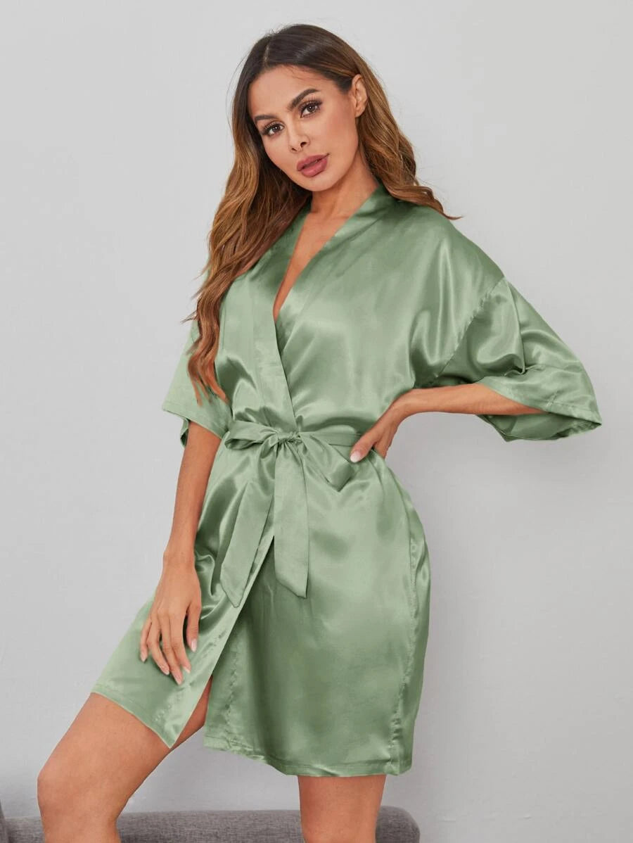 Solid Satin Belted Robe-Soco Hoodie