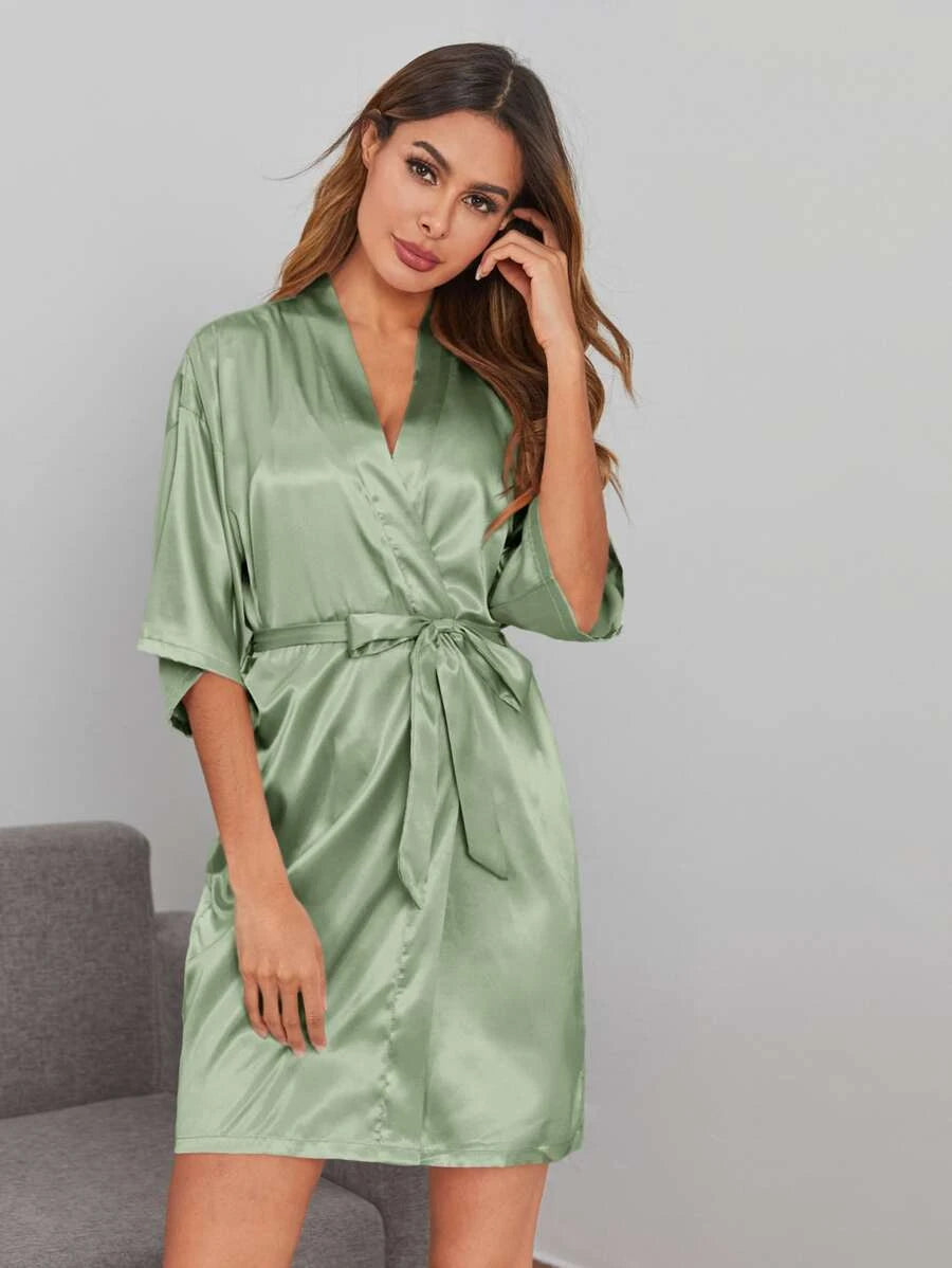 Solid Satin Belted Robe-Soco Hoodie
