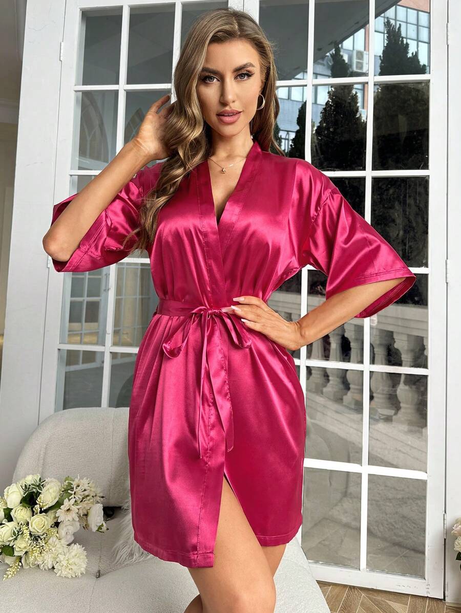 Solid Satin Belted Robe-Soco Hoodie