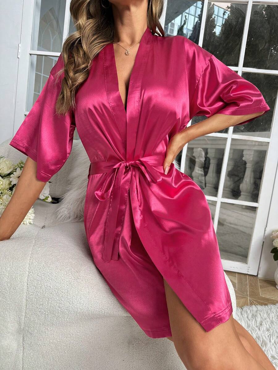 Solid Satin Belted Robe-Soco Hoodie