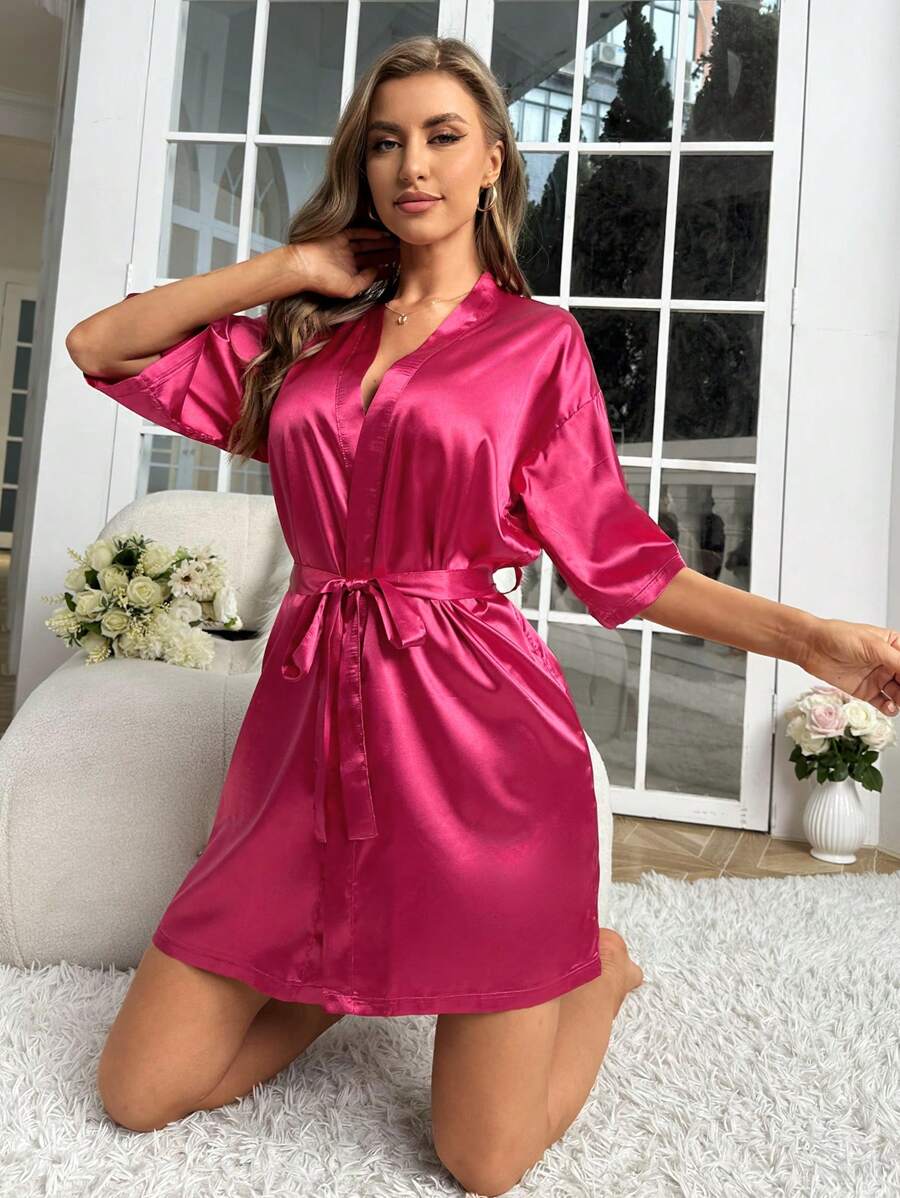 Solid Satin Belted Robe-Soco Hoodie