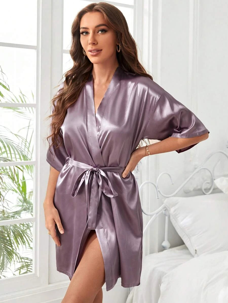 Solid Satin Belted Robe-Soco Hoodie