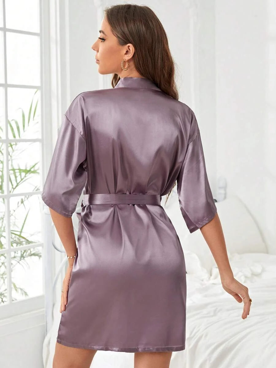 Solid Satin Belted Robe-Soco Hoodie