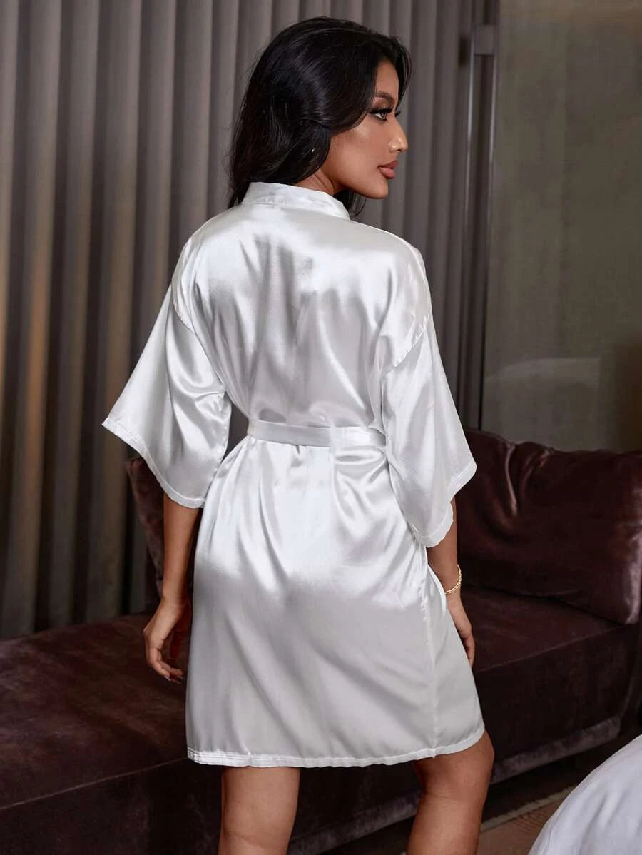 Solid Satin Belted Robe-Soco Hoodie