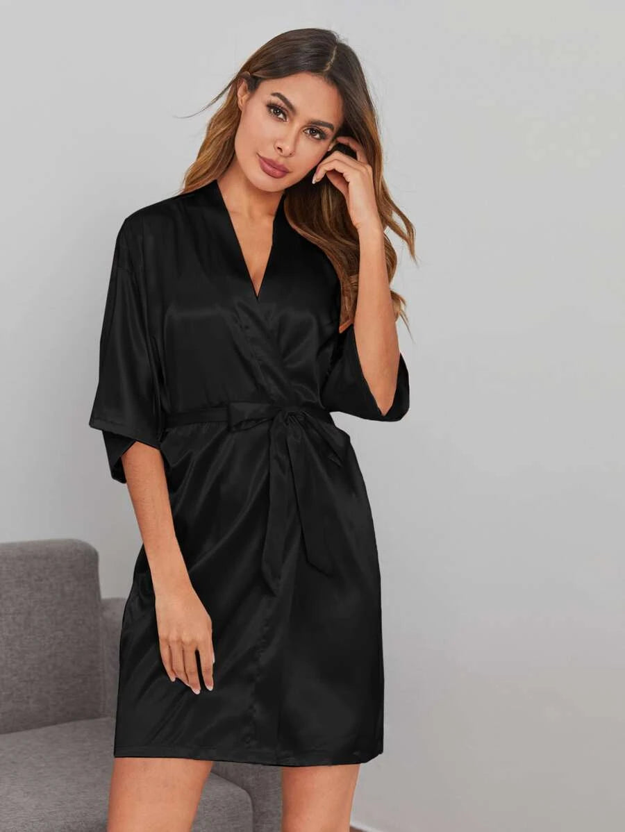 Solid Satin Belted Robe-Soco Hoodie