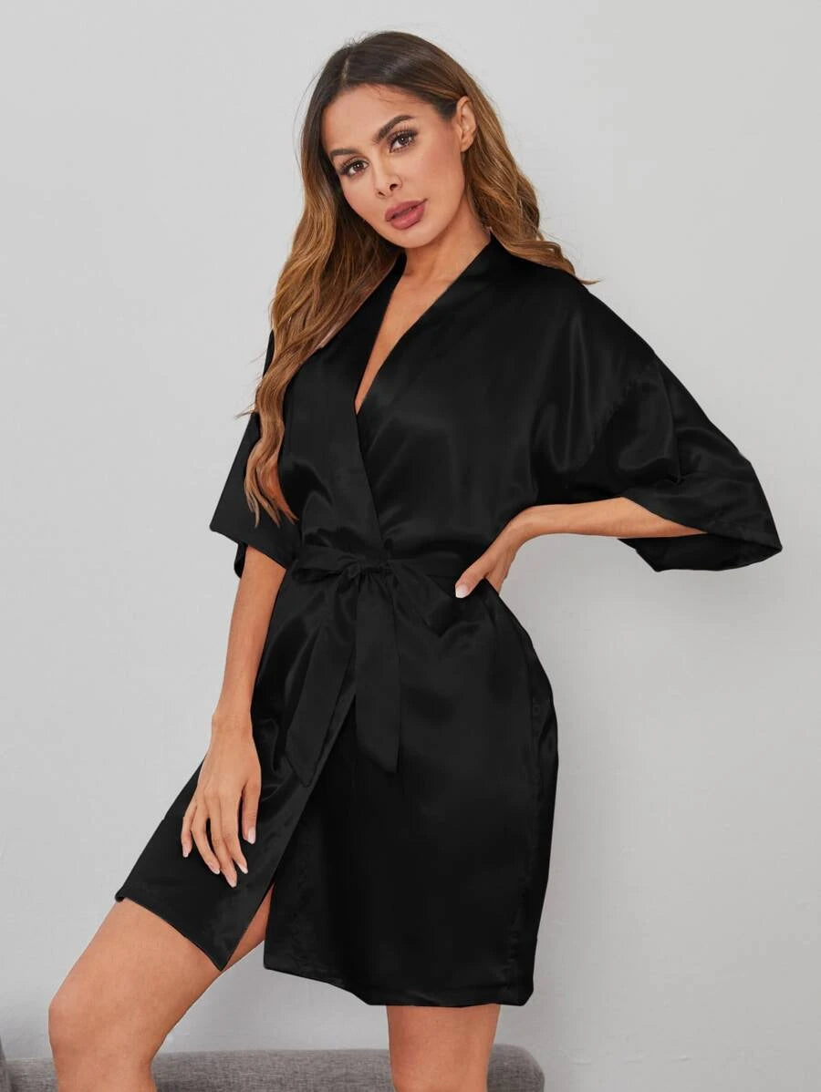 Solid Satin Belted Robe-Soco Hoodie