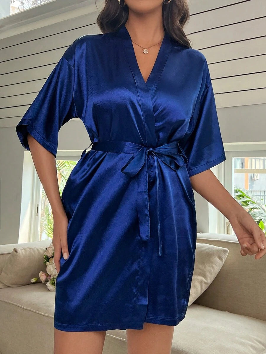 Solid Satin Belted Robe-Soco Hoodie