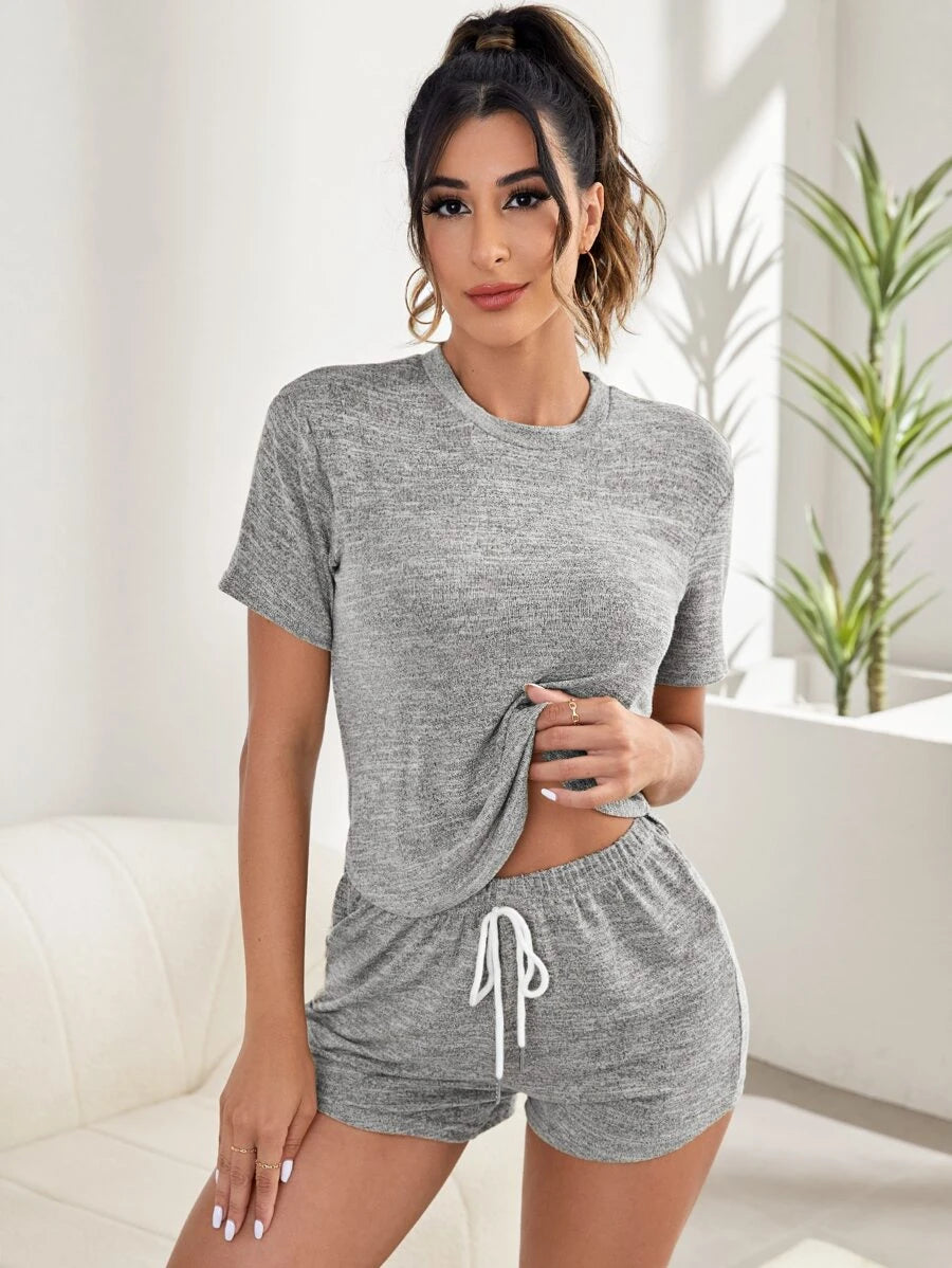 Solid Tee And Tie Front Shorts Lounge Set-Soco Hoodie