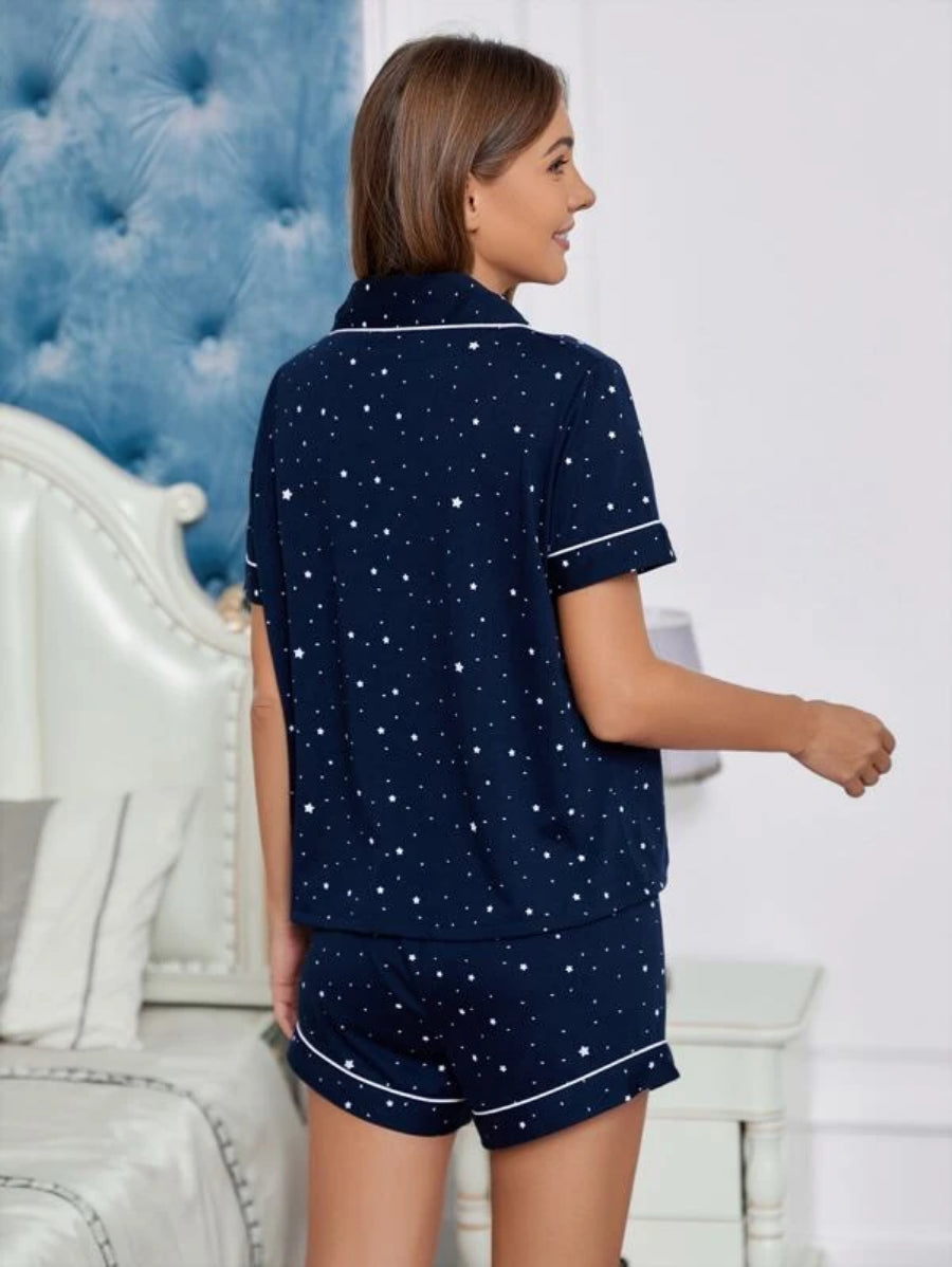 Star Print Contrast Piping Blouse And Shorts Set-Soco Hoodie