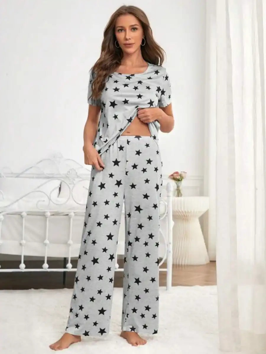Star Printed Nightwear Pajama Set-Soco Hoodie