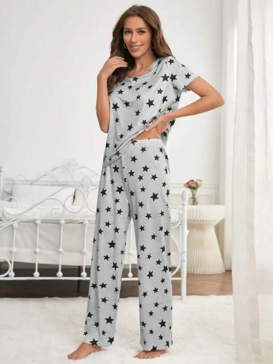 Star Printed Nightwear Pajama Set-Soco Hoodie