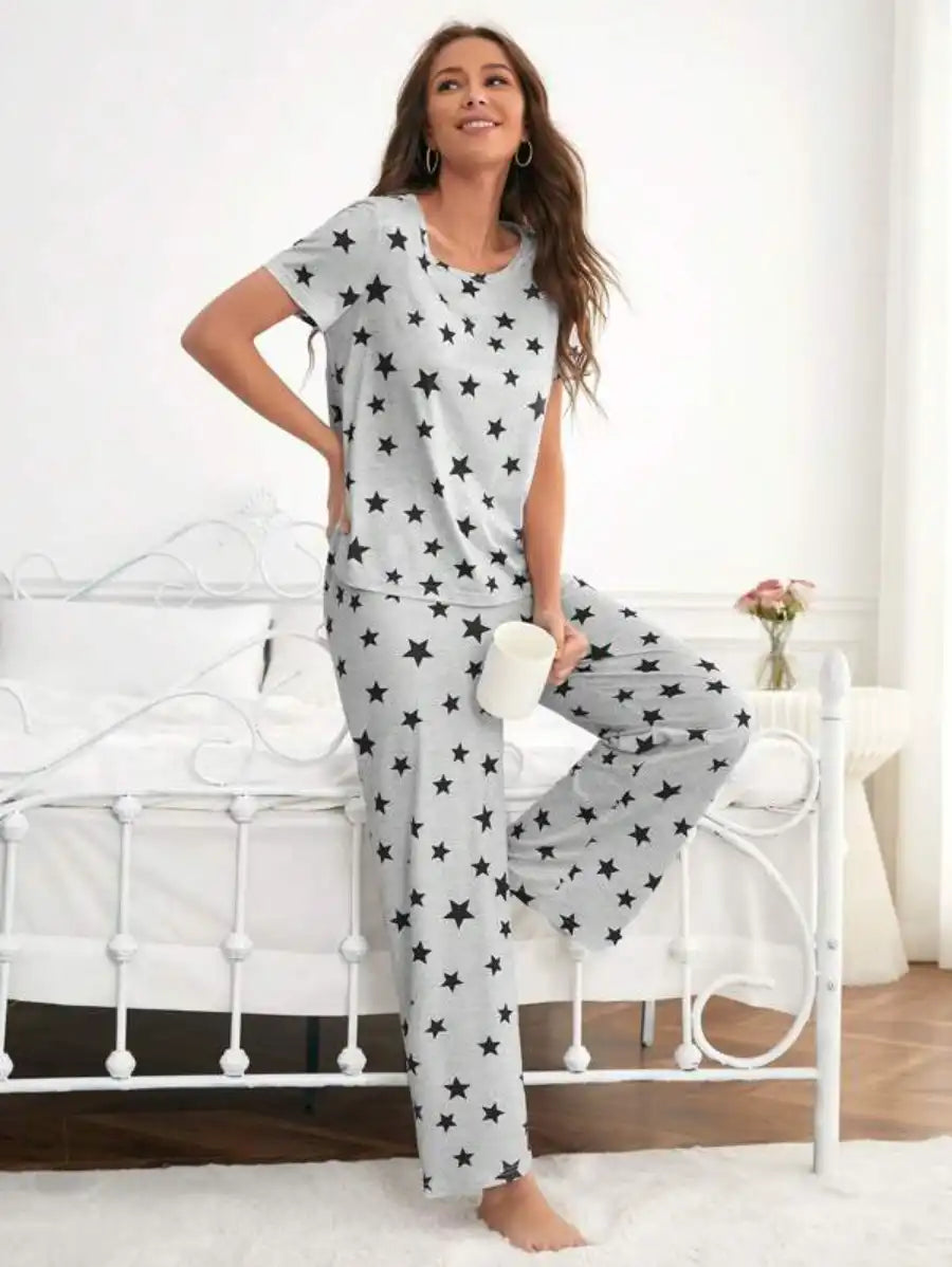 Star Printed Nightwear Pajama Set-Soco Hoodie