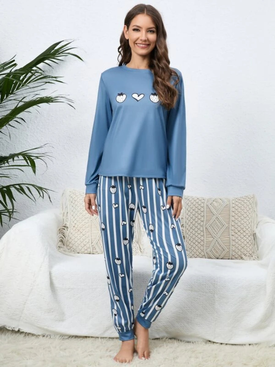 Strawberry Print Top Striped Pants Set-Soco Hoodie