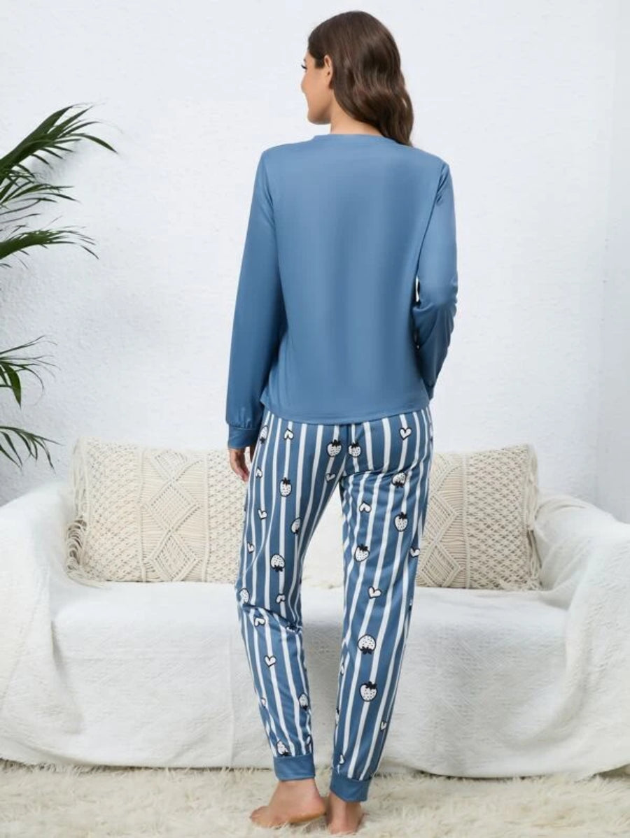 Strawberry Print Top Striped Pants Set-Soco Hoodie