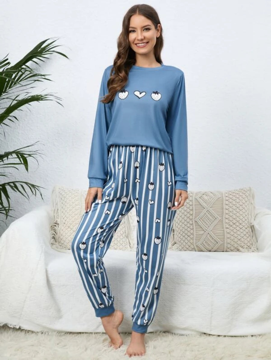Strawberry Print Top Striped Pants Set-Soco Hoodie