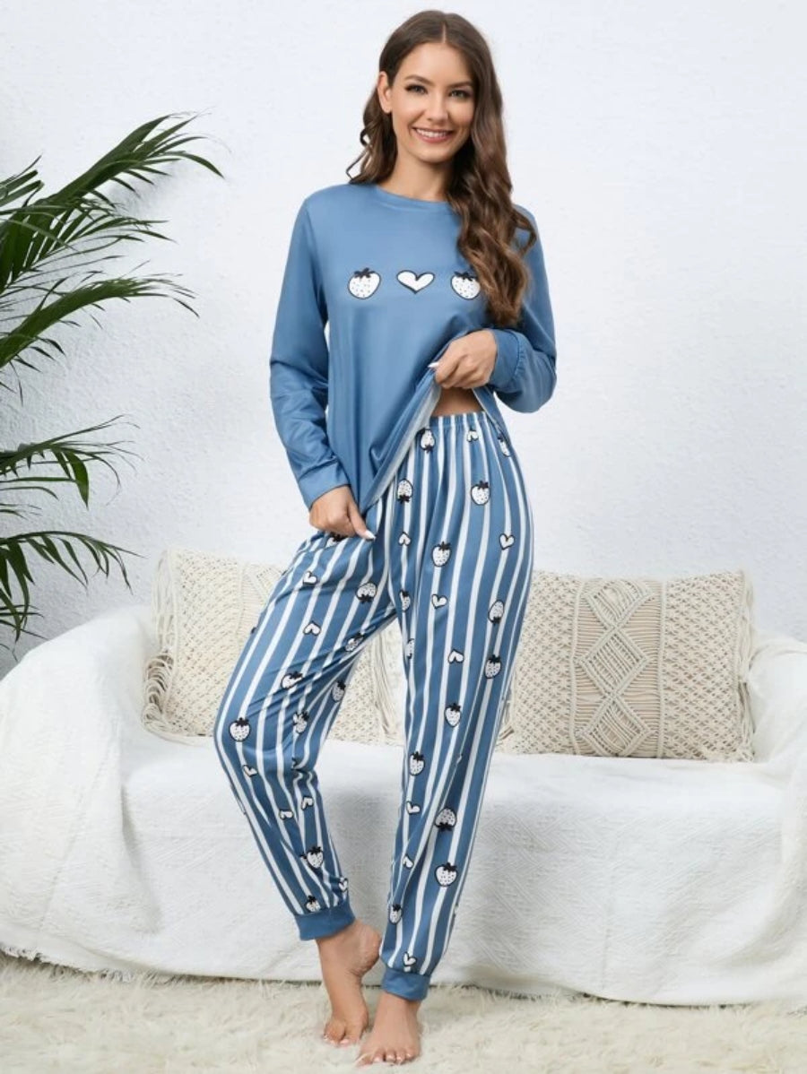 Strawberry Print Top Striped Pants Set-Soco Hoodie