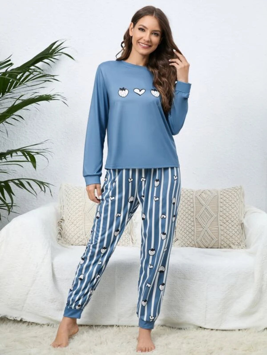 Strawberry Print Top Striped Pants Set-Soco Hoodie
