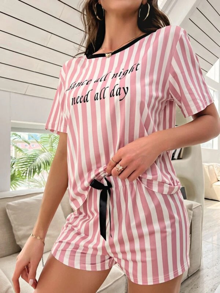 Striped And Slogan Graphic Bow Front Shorts Set-Soco Hoodie