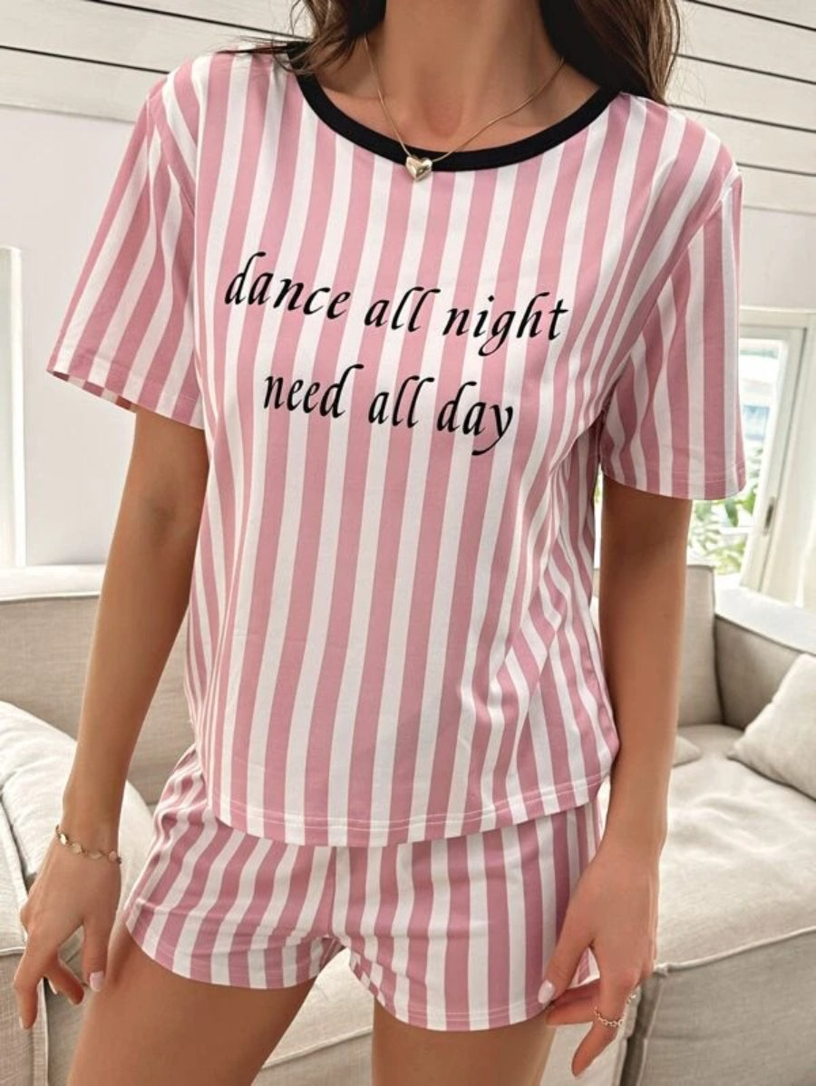Striped And Slogan Graphic Bow Front Shorts Set-Soco Hoodie