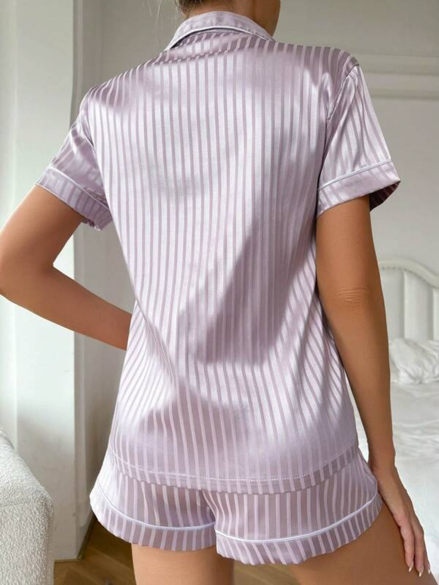 Striped Contrast Piping Satin Shorts Set-Soco Hoodie