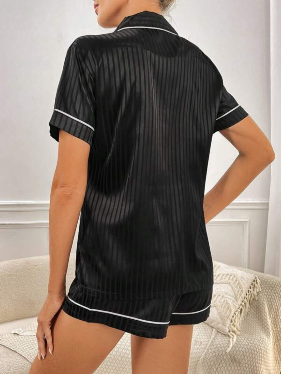 Striped Contrast Piping Satin Shorts Set-Soco Hoodie