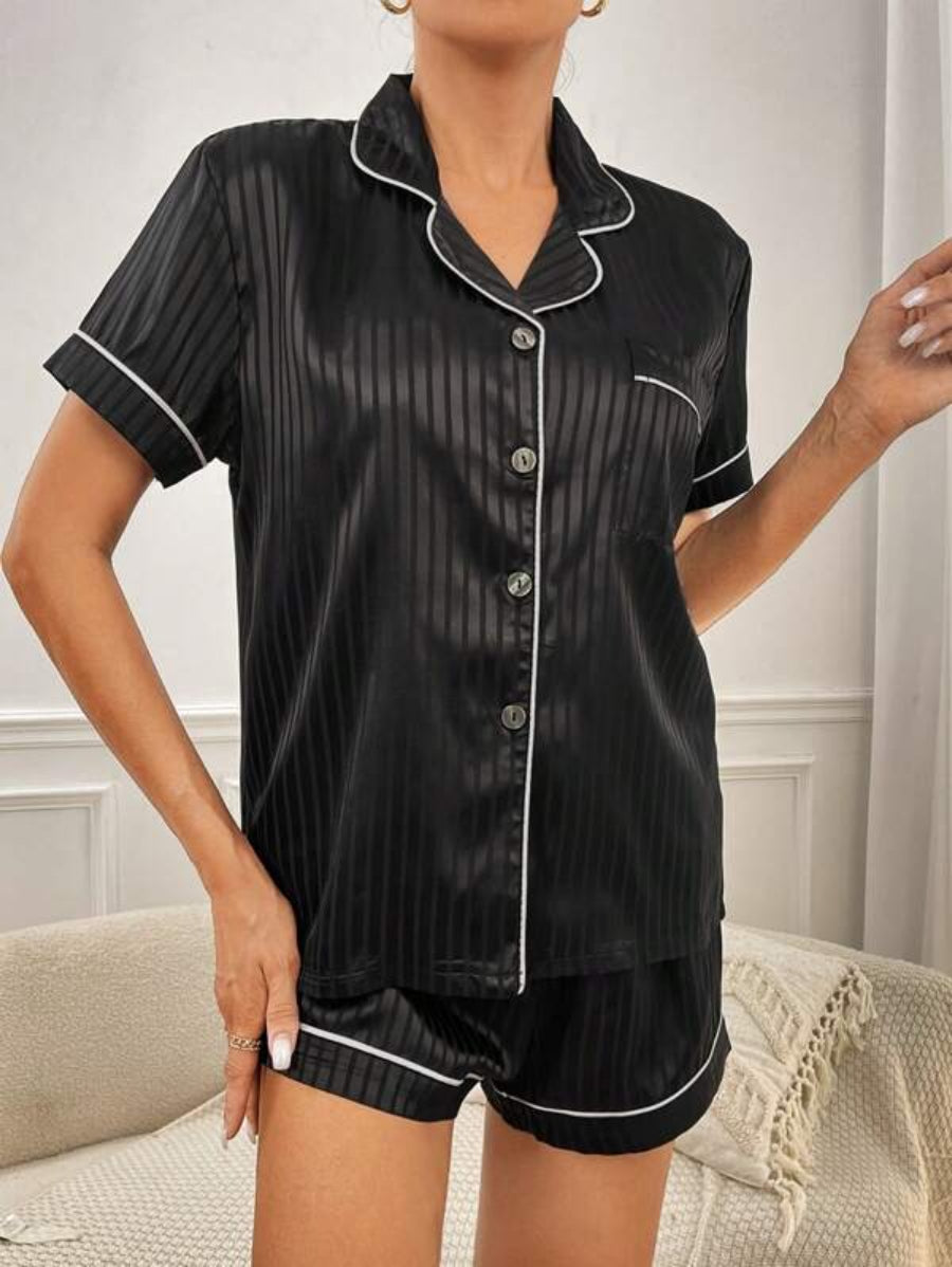 Striped Contrast Piping Satin Shorts Set-Soco Hoodie