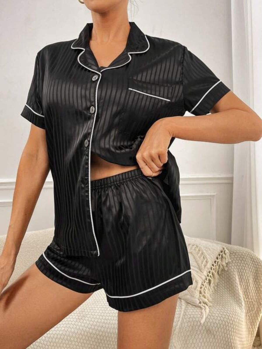 Striped Contrast Piping Satin Shorts Set-Soco Hoodie