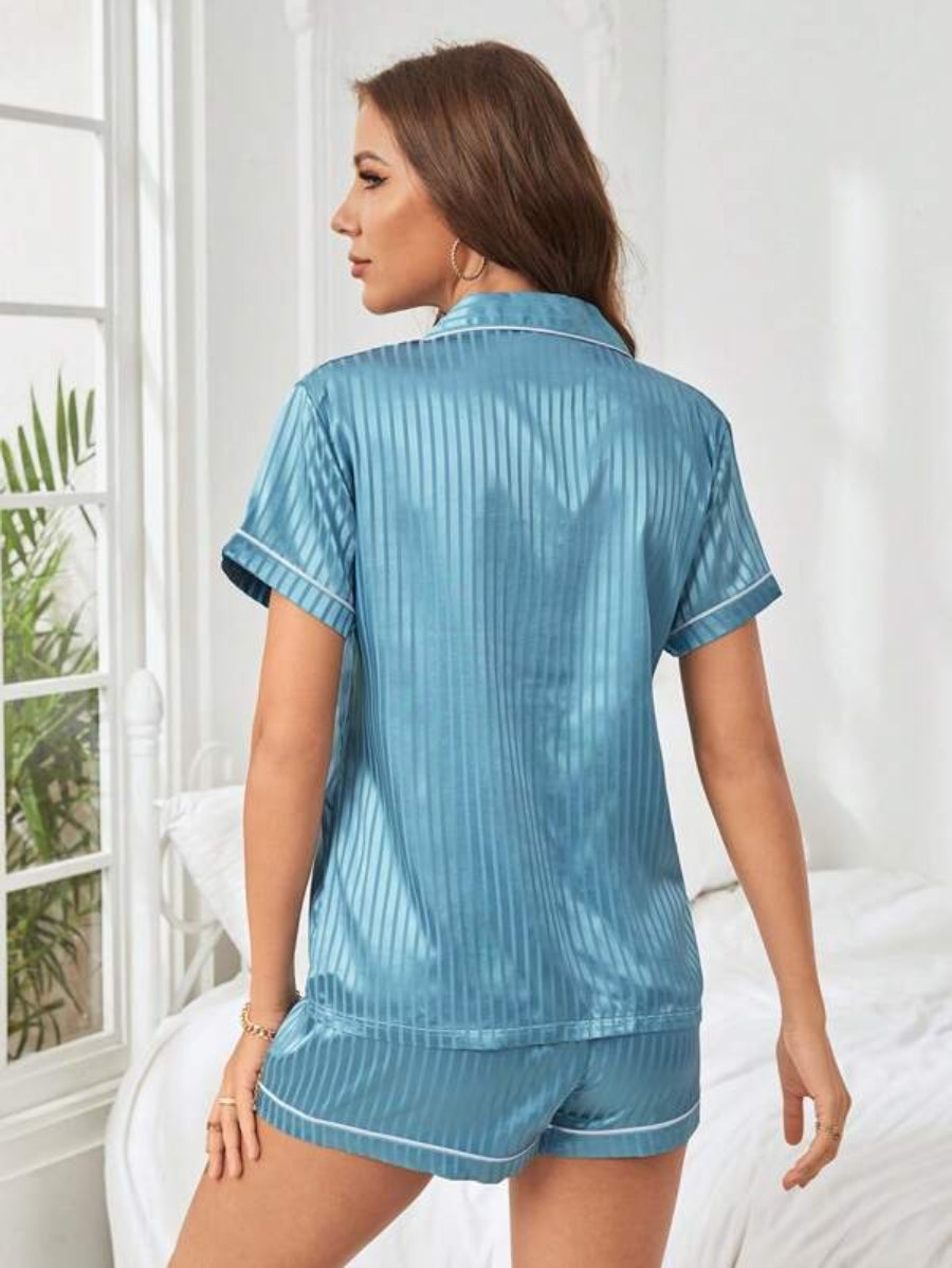 Striped Contrast Piping Satin Shorts Set-Soco Hoodie