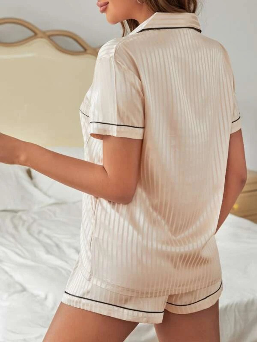 Striped Contrast Piping Satin Shorts Set-Soco Hoodie